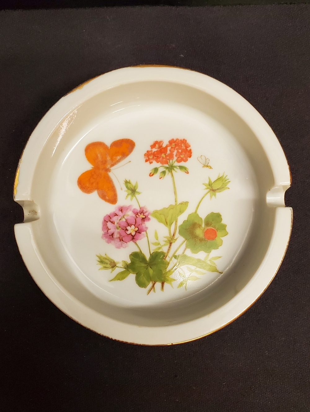 Vintage Porcelain Ashtray Floral Butterfly Gold Trim